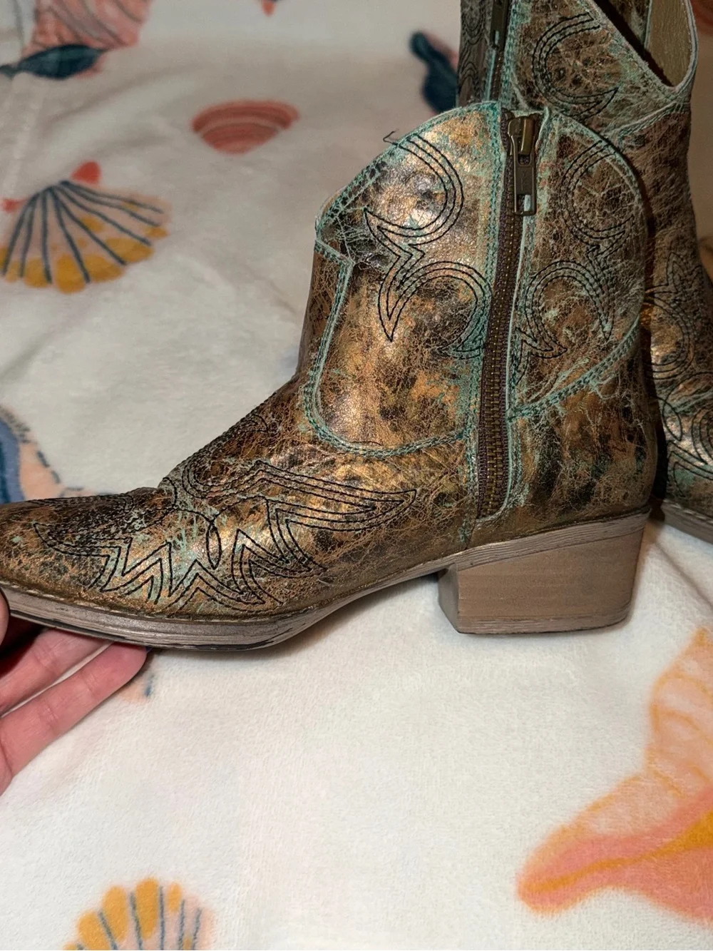 Vintage Distressed Brown/Turquoise Western Ankle Leather Booties Sterling River